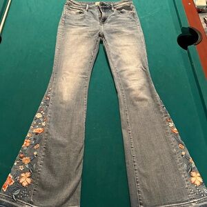DRIFTWOOD Blue Flare Jeans with Floral Embroidery